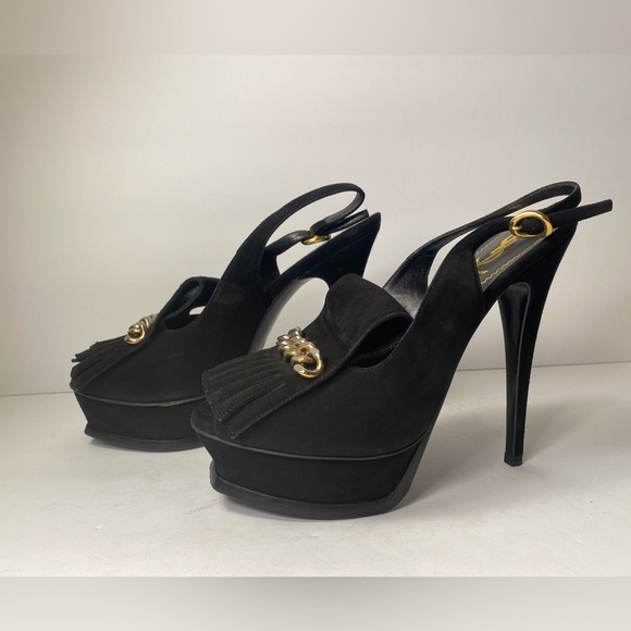 YSL Yves Saint Laurent chain slingback sandals heels suede black 37.5